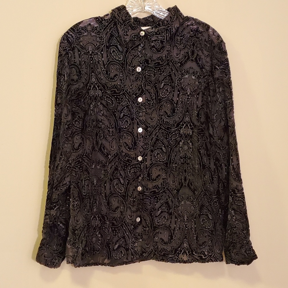 Laura Ashley Black Sheer Velvet Button Up Top - PM